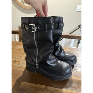 Women's Fold Over Moto Black Fake Leather Platform Boots Size 9